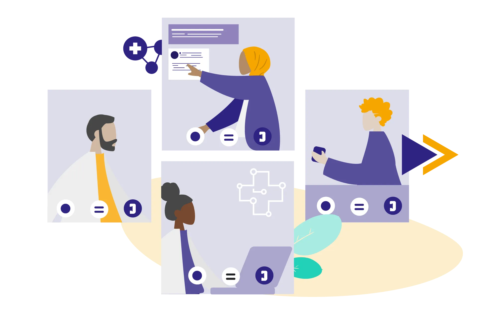 Illustration mit vier Menschen in vier verschiedenen Situationen im Sinne der Digitalisierung im Gesundheitswesen