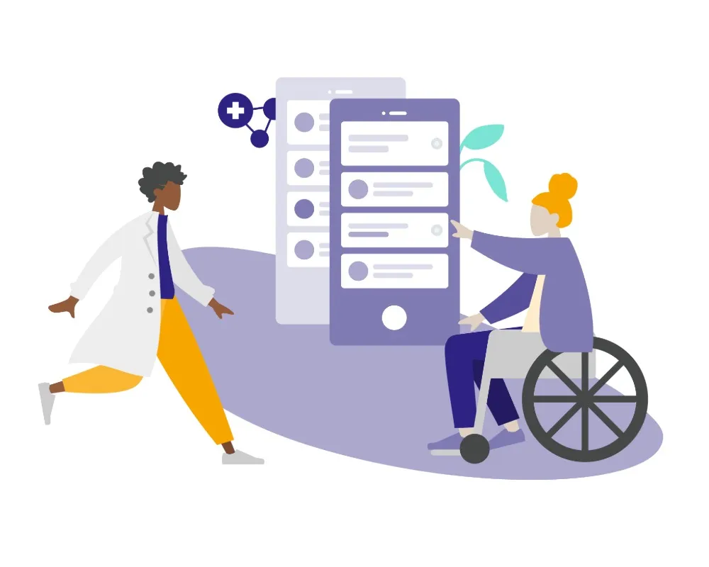 Illustration mit einem Mobilgerät in der mitte und Textfeldern. Rechts eine Frau auf einem, Rollstuhl und links vom Mobiltelefon ein Mann mit Kittel